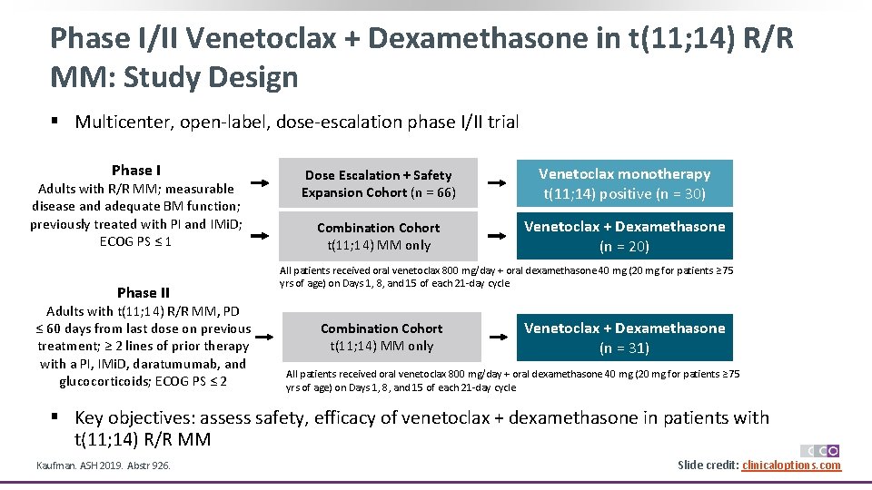Phase I/II Venetoclax + Dexamethasone in t(11; 14) R/R MM: Study Design § Multicenter,