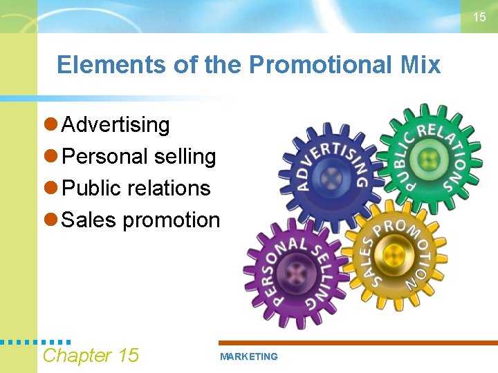 15 Elements of the Promotional Mix Advertising Personal selling Public relations Sales promotion Chapter