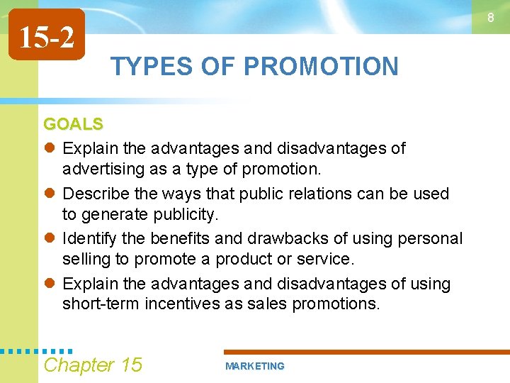 15 -2 8 TYPES OF PROMOTION GOALS Explain the advantages and disadvantages of advertising