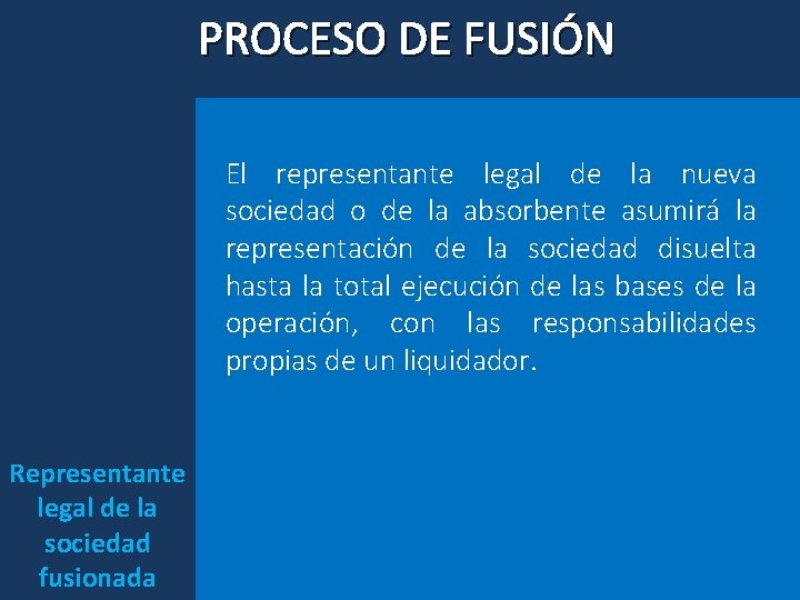 PROCESO DE FUSIÓN El representante legal de la nueva sociedad o de la absorbente