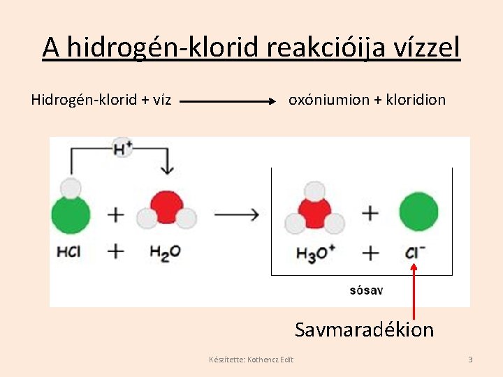 A hidrogén-klorid reakcióija vízzel Hidrogén-klorid + víz oxóniumion + kloridion Savmaradékion Készítette: Kothencz Edit