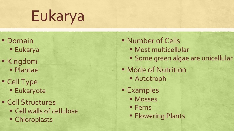 Eukarya ▪ Domain ▪ Eukarya ▪ Kingdom ▪ Plantae ▪ Cell Type ▪ Eukaryote Eukarya ▪ Domain ▪ Eukarya ▪ Kingdom ▪ Plantae ▪ Cell Type ▪ Eukaryote