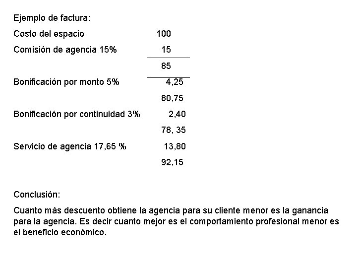 Ejemplo de factura: Costo del espacio Comisión de agencia 15% 100 15 85 Bonificación