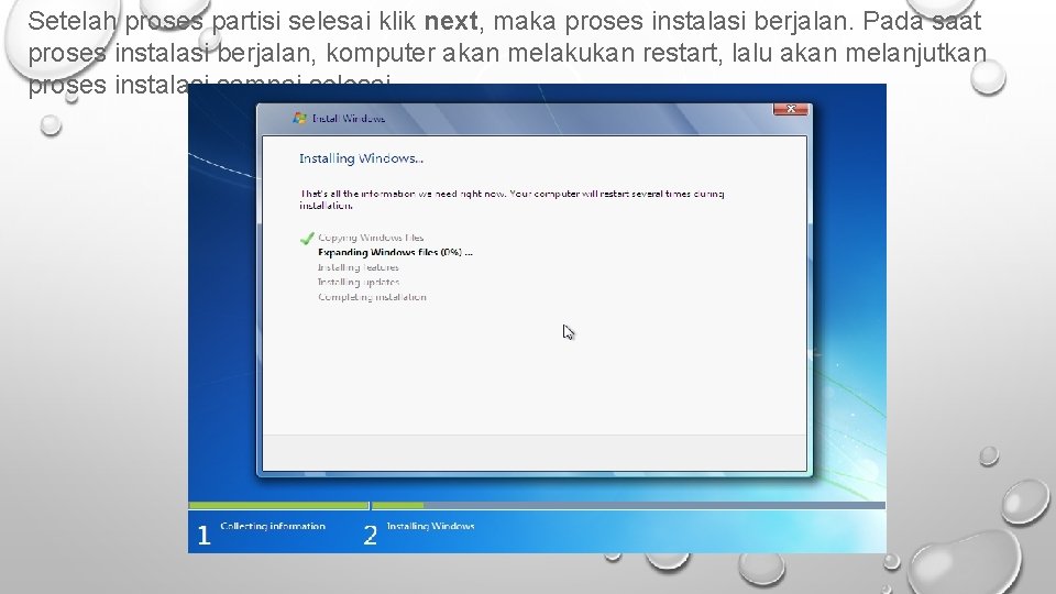 Setelah proses partisi selesai klik next, maka proses instalasi berjalan. Pada saat proses instalasi