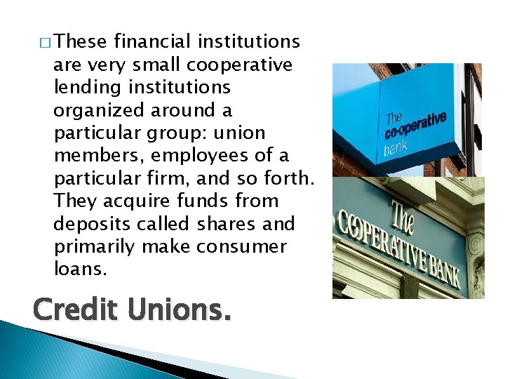 � These financial institutions are very small cooperative lending institutions organized around a particular