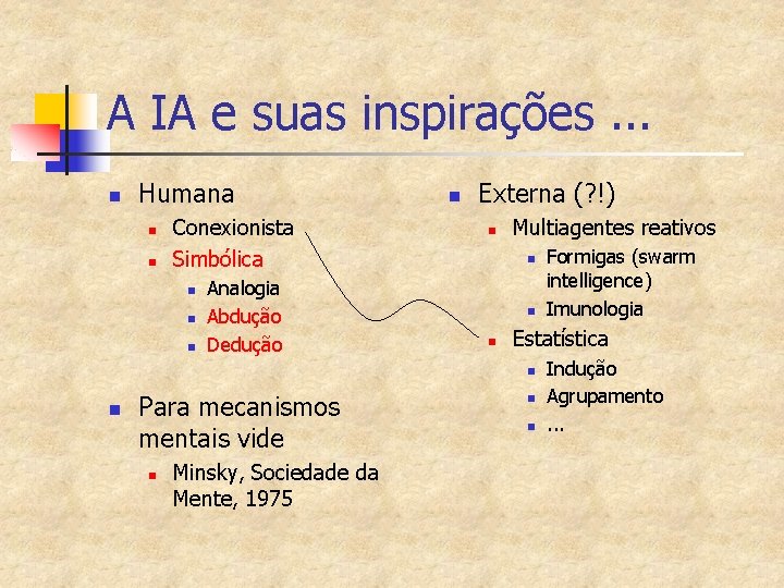 A IA e suas inspirações. . . n Humana n n Conexionista Simbólica n