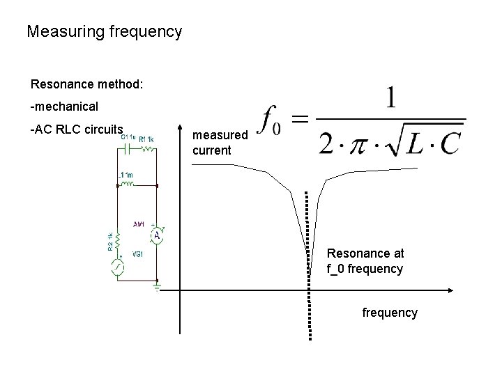 Measuring frequency Resonance method: -mechanical -AC RLC circuits measured current Resonance at f_0 frequency
