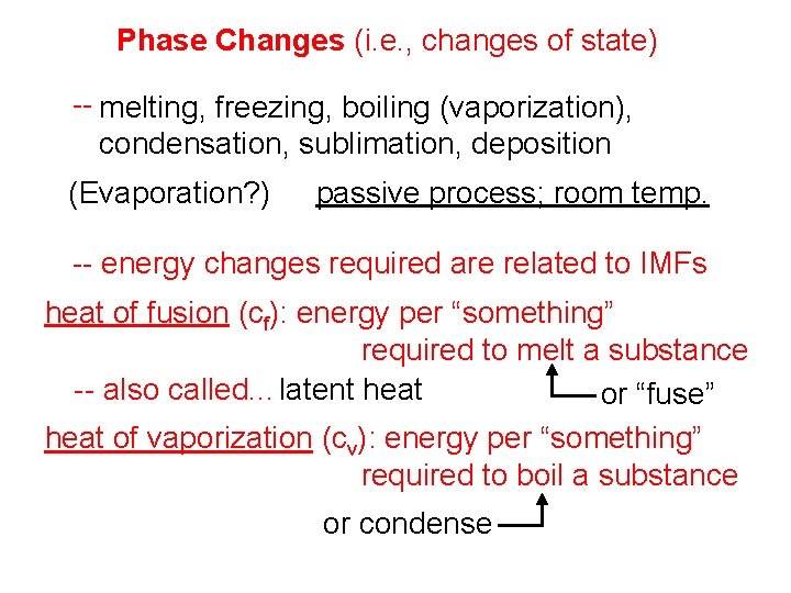 Phase Changes (i. e. , changes of state) -- melting, freezing, boiling (vaporization), condensation,
