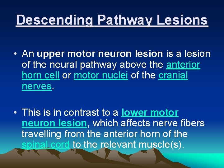 Descending Pathway Lesions • An upper motor neuron lesion is a lesion of the