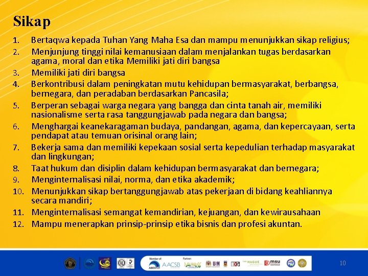 Sikap Bertaqwa kepada Tuhan Yang Maha Esa dan mampu menunjukkan sikap religius; Menjunjung tinggi