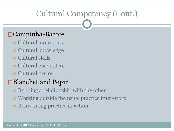 Cultural Competency (Cont. ) 11 �Campinha-Bacote Cultural awareness Cultural knowledge Cultural skills Cultural encounters
