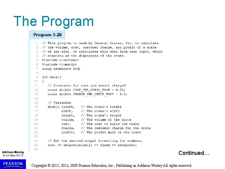 The Program Continued… Copyright © 2015, 2012, 2009 Pearson Education, Inc. , Publishing as