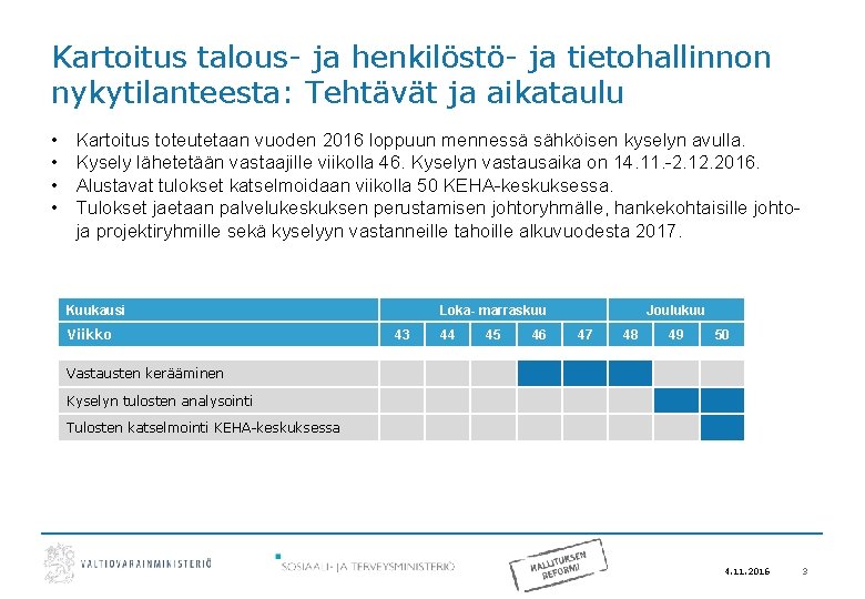 Kartoitus talous- ja henkilöstö- ja tietohallinnon nykytilanteesta: Tehtävät ja aikataulu • • Kartoitus toteutetaan