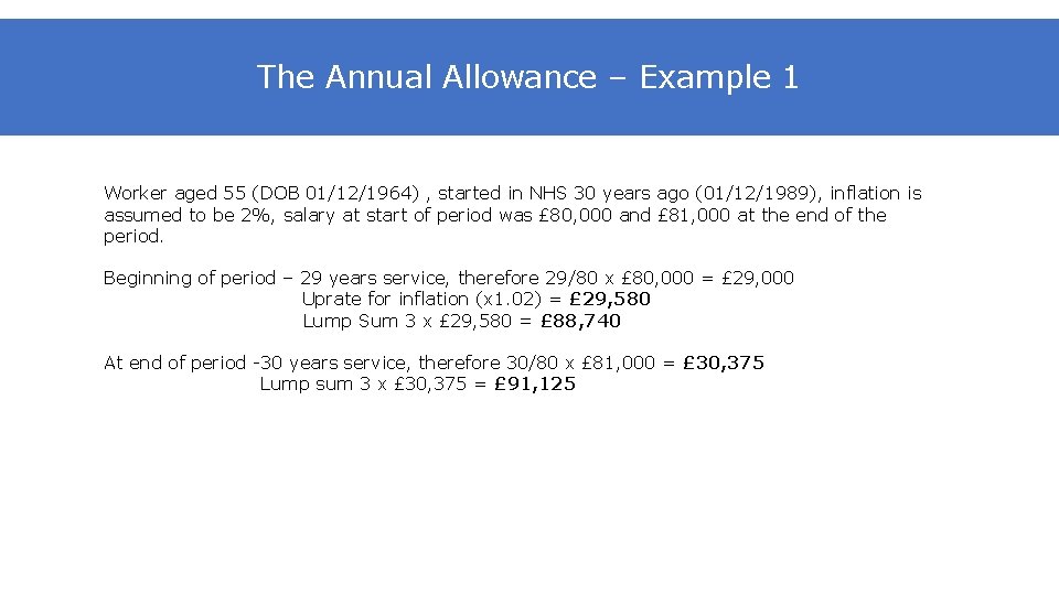 The Annual Allowance – Example 1 Worker aged 55 (DOB 01/12/1964) , started in