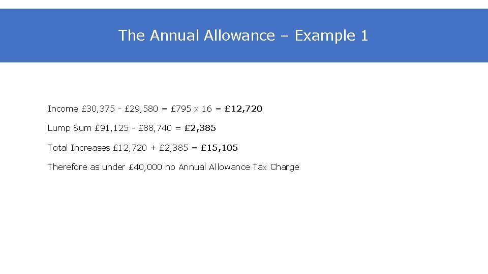 The Annual Allowance – Example 1 Income £ 30, 375 - £ 29, 580