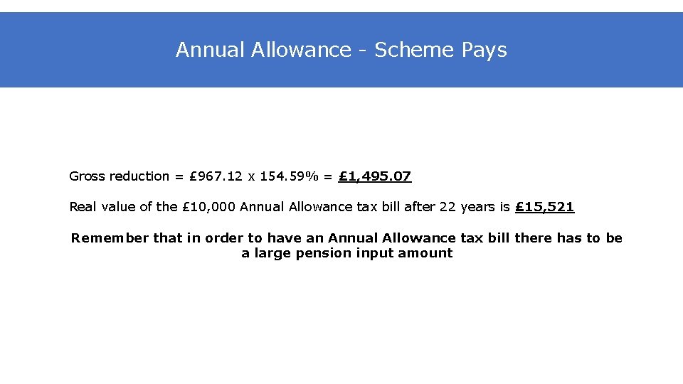 Annual Allowance - Scheme Pays Gross reduction = £ 967. 12 x 154. 59%