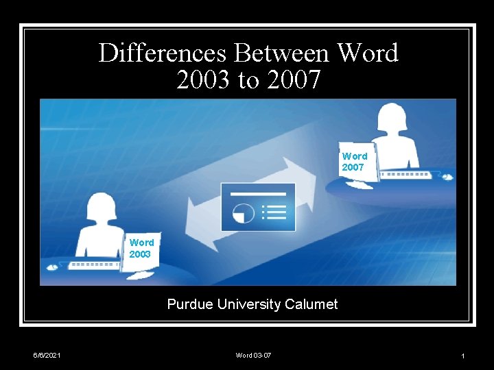 Differences Between Word 2003 to 2007 Word 2003 Purdue University Calumet 6/6/2021 Word 03