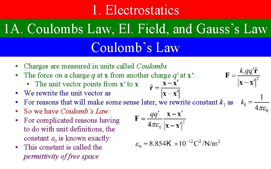 1. Electrostatics 1 A. Coulombs Law, El. Field, and Gauss’s Law Coulomb’s Law •