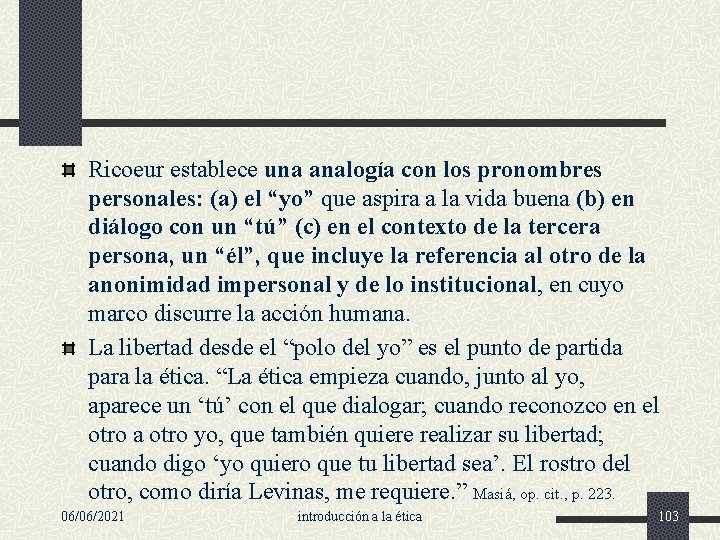 Ricoeur establece una analogía con los pronombres personales: (a) el “yo” que aspira a