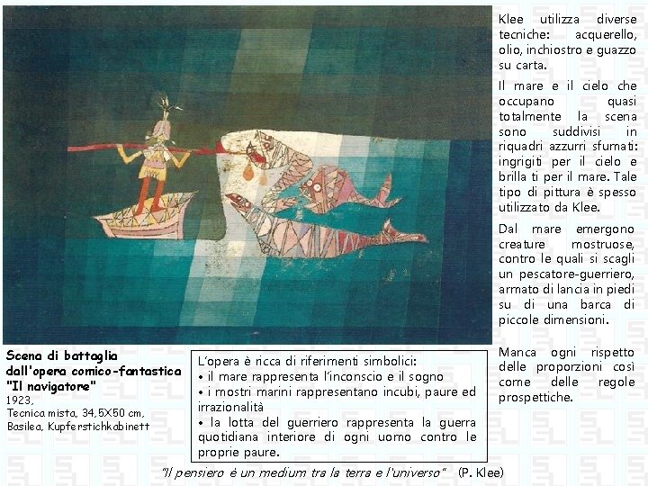 Klee utilizza diverse tecniche: acquerello, olio, inchiostro e guazzo su carta. Il mare e