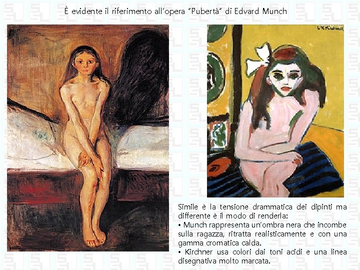 È evidente il riferimento all’opera “Pubertà” di Edvard Munch Simile è la tensione drammatica