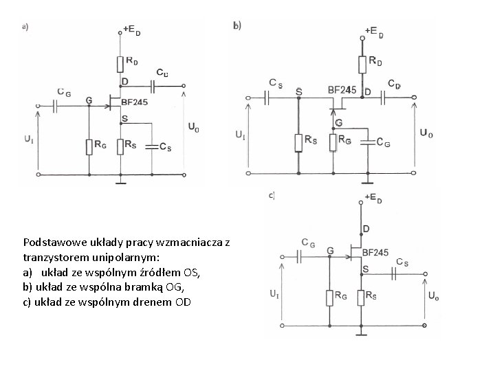 Podstawowe układy pracy wzmacniacza z tranzystorem unipolarnym: a) układ ze wspólnym źródłem OS, b)