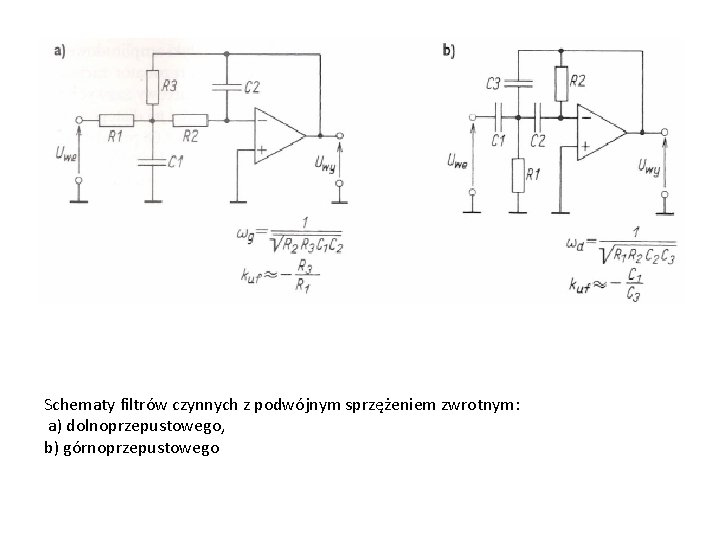 Schematy filtrów czynnych z podwójnym sprzężeniem zwrotnym: a) dolnoprzepustowego, b) górnoprzepustowego 