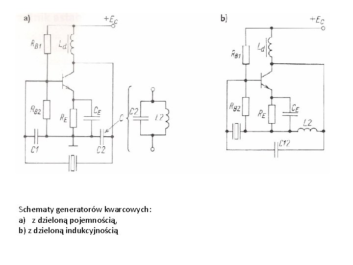 Schematy generatorów kwarcowych: a) z dzieloną pojemnością, b) z dzieloną indukcyjnością 