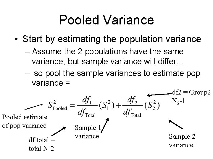 Pooled Variance • Start by estimating the population variance – Assume the 2 populations