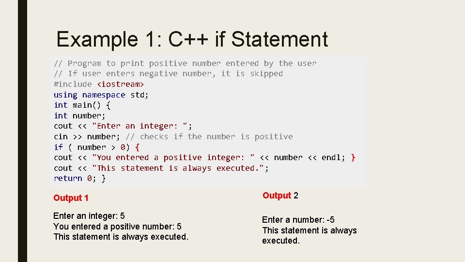 Example 1: C++ if Statement // Program to print positive number entered by the