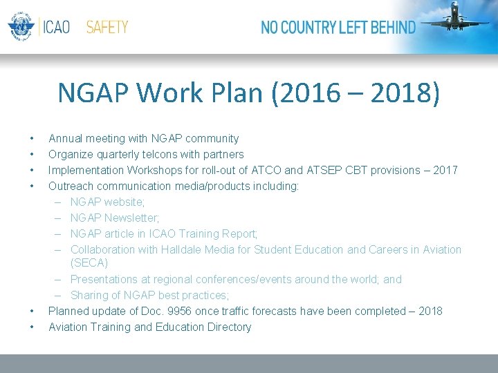 NGAP Work Plan (2016 – 2018) • • • Annual meeting with NGAP community