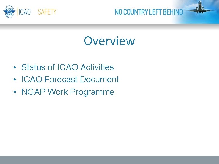 Overview • Status of ICAO Activities • ICAO Forecast Document • NGAP Work Programme