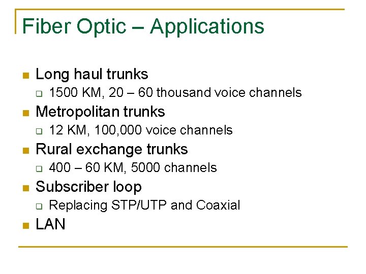 Fiber Optic – Applications n Long haul trunks q n Metropolitan trunks q n