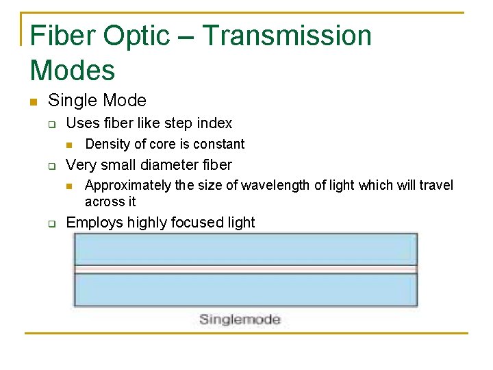 Fiber Optic – Transmission Modes n Single Mode q Uses fiber like step index