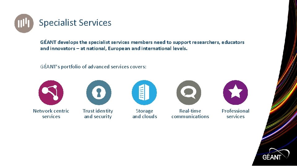 Specialist Services GÉANT develops the specialist services members need to support researchers, educators and