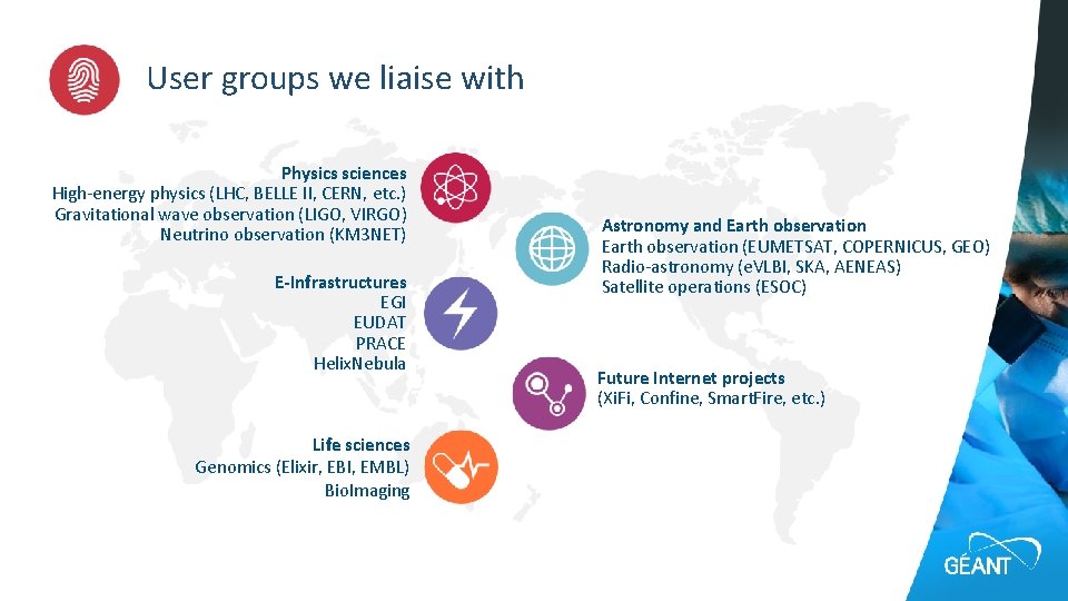 User groups we liaise with Physics sciences High-energy physics (LHC, BELLE II, CERN, etc.