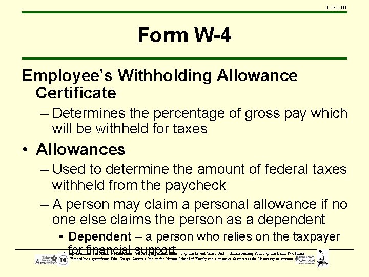 1. 13. 1. G 1 Form W-4 Employee’s Withholding Allowance Certificate – Determines the