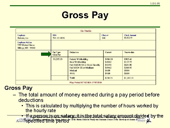 1. 13. 1. G 1 Gross Pay – The total amount of money earned