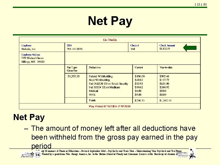 1. 13. 1. G 1 Net Pay – The amount of money left after