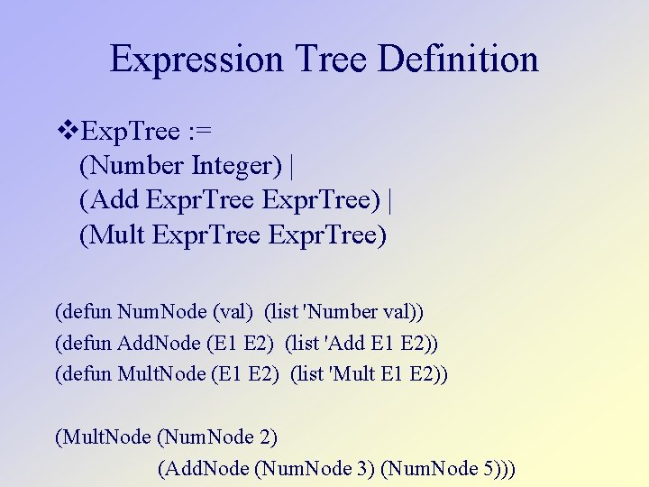 Expression Tree Definition Exp. Tree : = (Number Integer) | (Add Expr. Tree) |