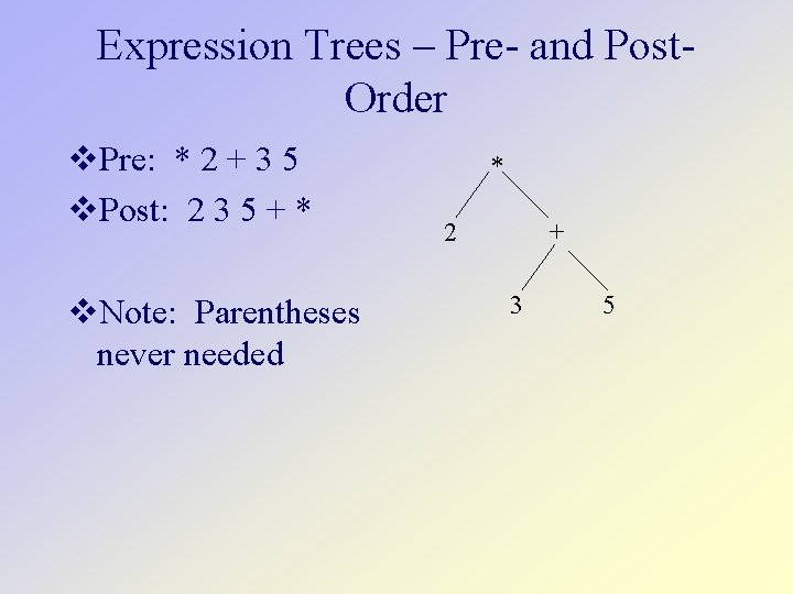 Expression Trees – Pre- and Post. Order Pre: * 2 + 3 5 Post: