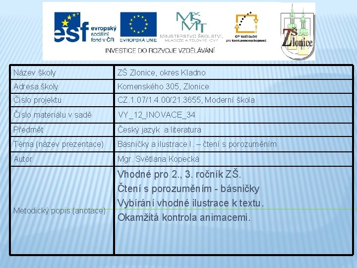 Název školy ZŠ Zlonice, okres Kladno Adresa školy Komenského 305, Zlonice Číslo projektu CZ.