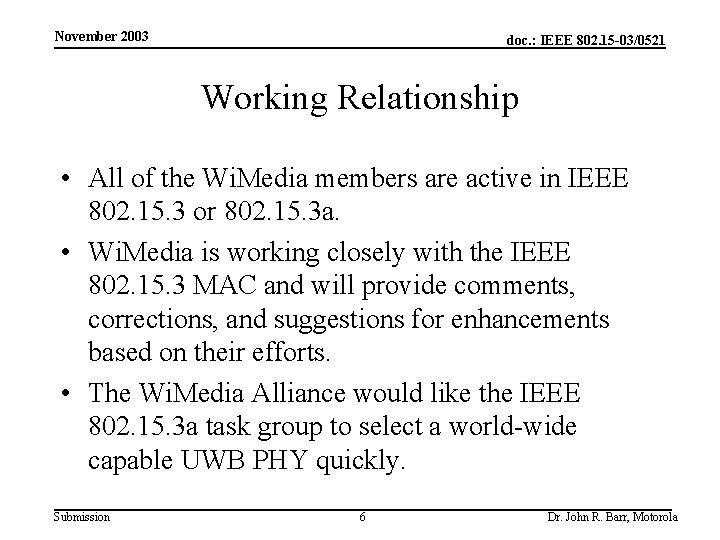 November 2003 doc. : IEEE 802. 15 -03/0521 Working Relationship • All of the