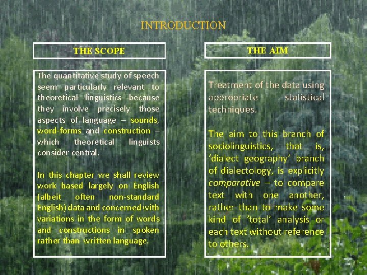 INTRODUCTION THE SCOPE The quantitative study of speech seem particularly relevant to theoretical linguistics