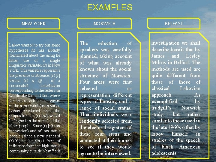 EXAMPLES NEW YORK Labov wanted to try out some hypotheses he has already formulated