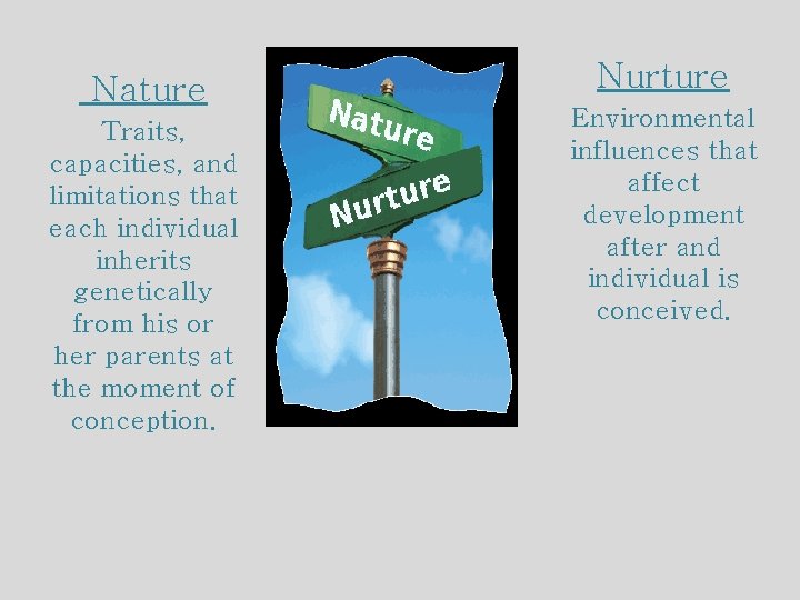 Nature Traits, capacities, and limitations that each individual inherits genetically from his or her