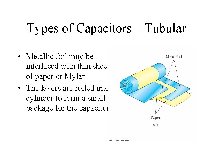 Types of Capacitors – Tubular • Metallic foil may be interlaced with thin sheets