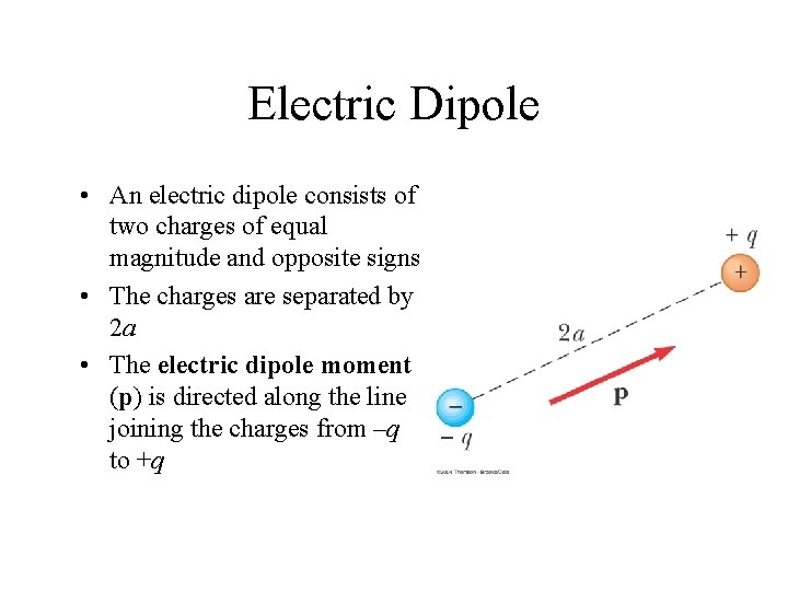 Electric Dipole • An electric dipole consists of two charges of equal magnitude and