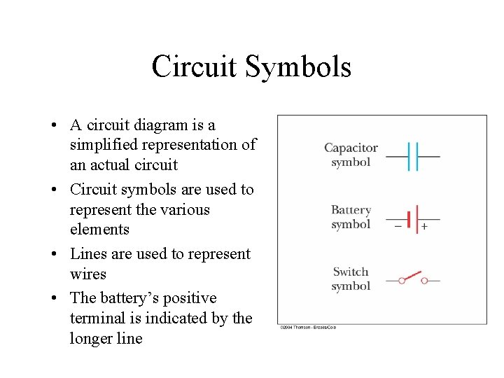 Circuit Symbols • A circuit diagram is a simplified representation of an actual circuit