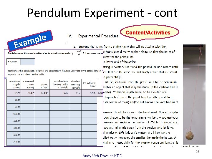 Pendulum Experiment - cont Content/Activities e l p m Exa Assessment 26 Andy Veh